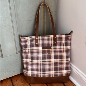 Farmhouse Is My Style Gingerbread Spice Plaid Tote Bag Cottacore Leather Trim